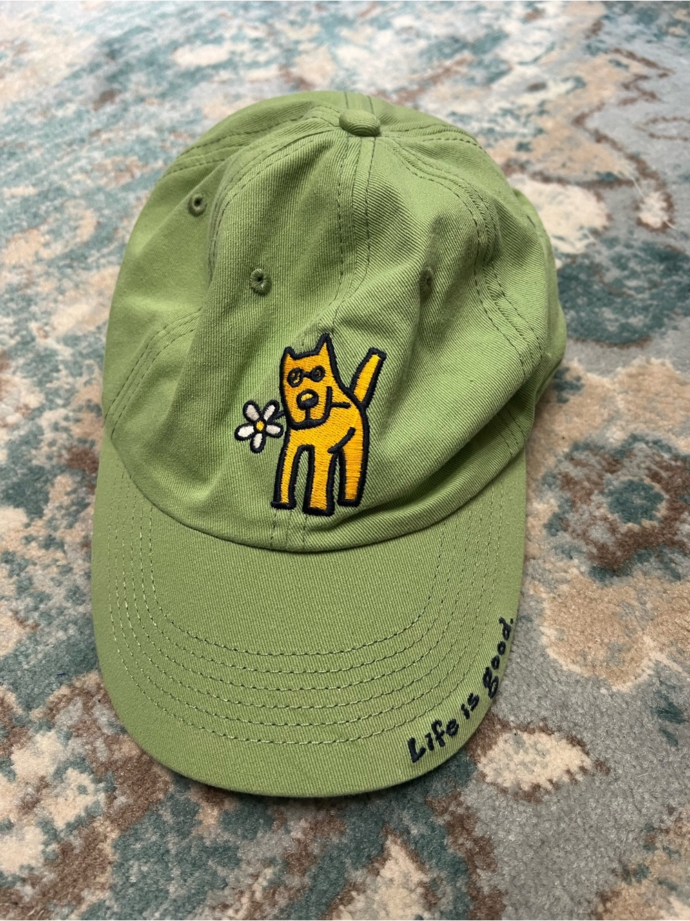 Life Is Good Lime Green Cat Embroidered Baseball Hat